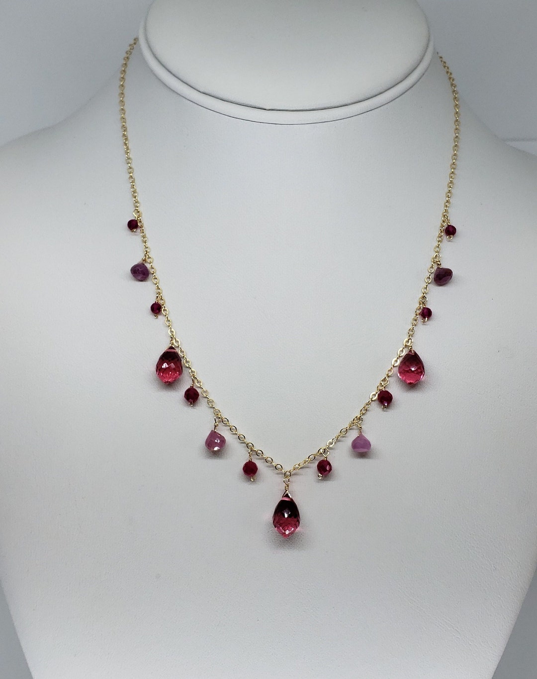 Rubellite Quartz Briolette, Ruby and Sapphire Statement Necklace – Gold ...