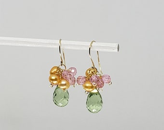 Sim. Green Amethyst Briolette Earrings - Cluster Pearl Earrings Yellow Gold Filled Rose Gold Filled Sterling Silver Gemstone Dangle Earrings