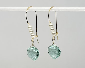 Aquamarine Leaf Briolette Dangle Earrings, Pearl Cluster, Gold Filled, Rose GF or Silver