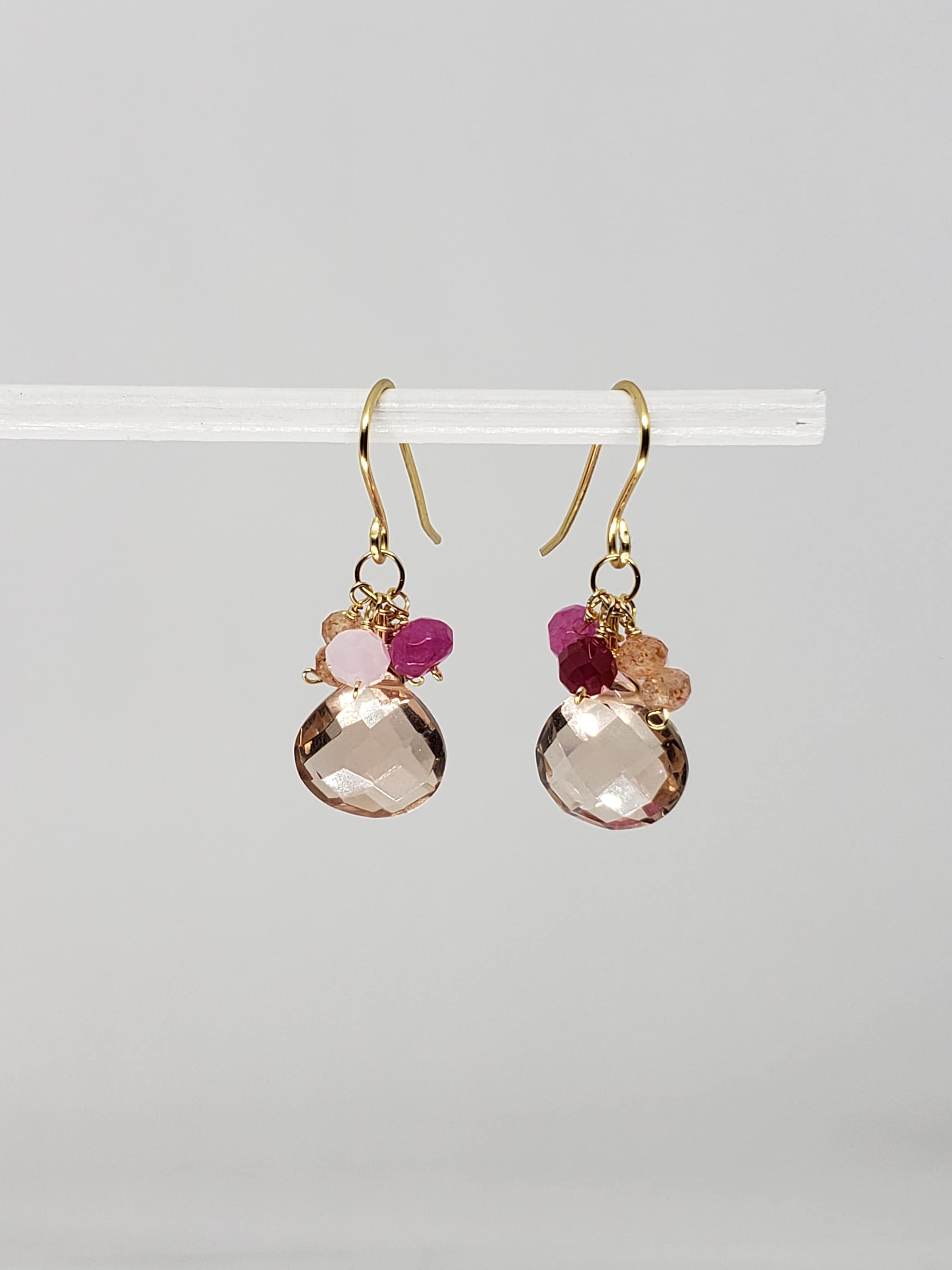 Morganite Briolette, Ruby, Sunstone and Rock Crystal Cluster Drop Dangle Earrings Yellow Gold Filled, Rose Gold Filled, Sterling Silver Boho