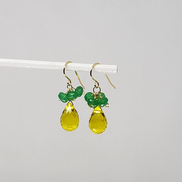 Lemon Quartz Briolette Earrings with Green Quartz - Cluster Briolette Dangle Earrings - Yellow Gold Filled Rose Gold Filled Sterling Silver