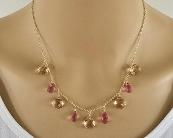 Pink Topaz Briolette Statement Necklace, Morganite Quartz, Gold Filled, Rose GF or Silver