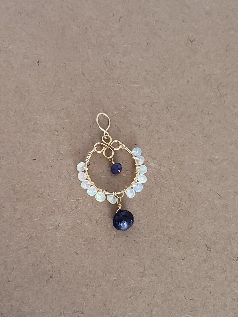 Blue Sapphire Briolette Ethiopian Opal Beaded Loop Pendant Yellow Gold Filled Rose Gold Filled Sterling Silver Natural Gemstone Pendant image 2