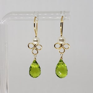 Peridot Briolette White Shell Pearl Clover Cluster Dangle Earrings Yellow Gold Filled, Rose Gold Filled, Sterling Silver Bohemian Boho Chic