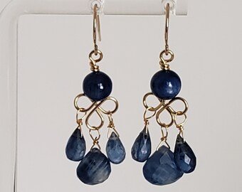 Kyanite Briolette Chandelier Drop Dangle Earrings Yellow Gold Filled, Rose Gold Filled or Sterling Silver, Boho Earrings, Teardrop Earrings