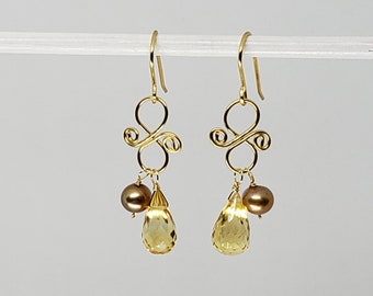 Genuine Citrine Briolette and Pearl Cluster Drop Dangle Earrings Yellow Gold Filled, Rose Gold Filled, Sterling Silver Bohemian Boho