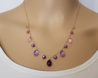 Pink Topaz & Amethyst Statement Gemstone Necklace – Gold Filled, Rose GF or Silver