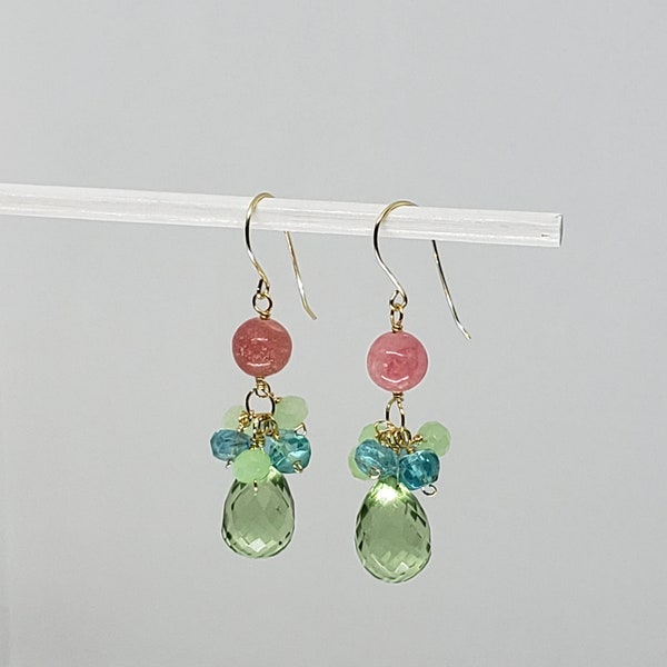 Green Amethyst Earrings - Rhodochrosite Earrings - Apatite Earrings - Dangle Earrings Yellow Gold Filled Rose Gold Filled Sterling Silver