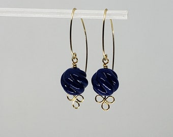 Carved Lapiz Lazuli Dangle Earrings with "V" Style Ear Wires -  Yellow Gold Filled Rose Gold Filled Sterling Silver Gemstone Dangle Earrings