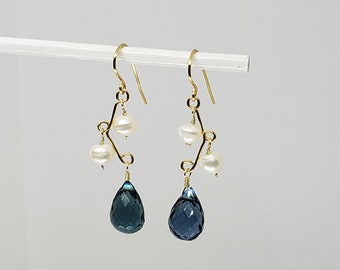 London Blue Topaz Quartz Briolette Earrings, Pearl Earrings, Drop Dangle Cluster Earrings Yellow Gold Filled Rose Gold Filled S. Silver