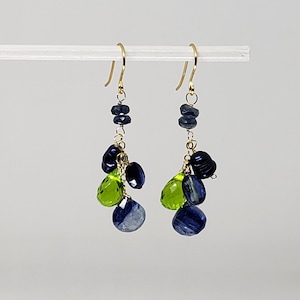 Kyanite Briolette, Peridot and Pearl Cluster Drop Dangle Earrings Yellow Gold Filled, Rose Gold Filled, Sterling Silver Bohemian Boho