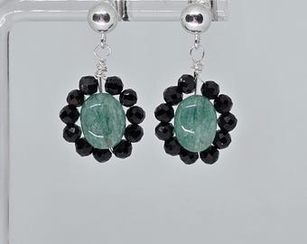 Emerald Flower Earrings, Black Spinel, Gold Filled, Rose GF or Silver