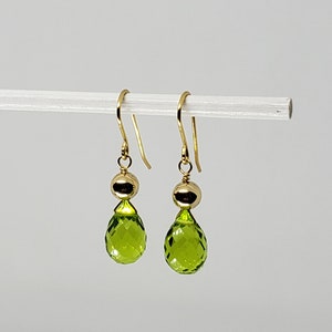 Sim. Peridot Teardrop Briolette Drop Dangle Earrings Yellow Gold Filled, Rose Gold Filled and Sterling Silver Bohemian Boho Chic