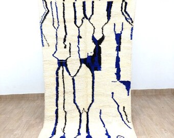 Custom BENIOURAIN rug, Handmade Moroccan rug, Abstract white rug, Wool rug, Azilal Berber rug, Blue and black patterns