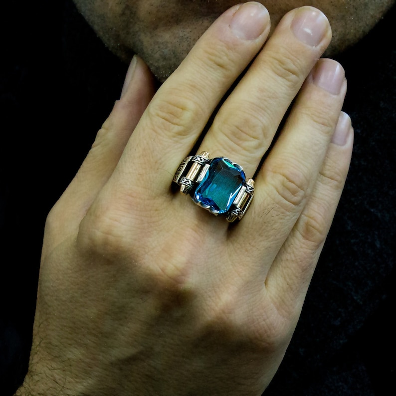 Rare Emerald Cut, Deep Blue Topaz Mens Ring, Sterling Silver 925, Handmade Blue Topaz Ring, Art