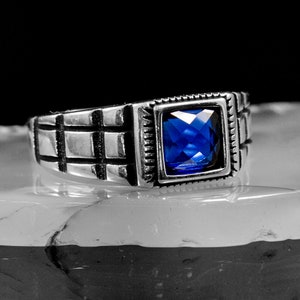 Sapphire Ring Men, Blue Sapphire Square Gemstone, Handmade Silver Ring, Men&#39;s Fashion Ring, 925 Sterling Silver Ring, Gift For Him