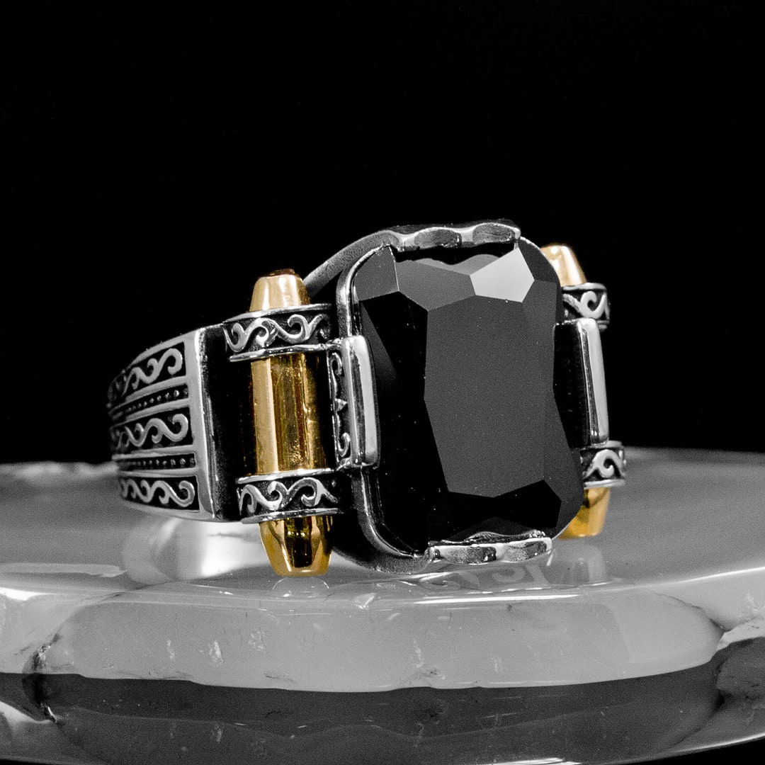 Men's Onyx Ring, Sterling Silver Onyx Ring, Emerald Cut Black Onxy Ring