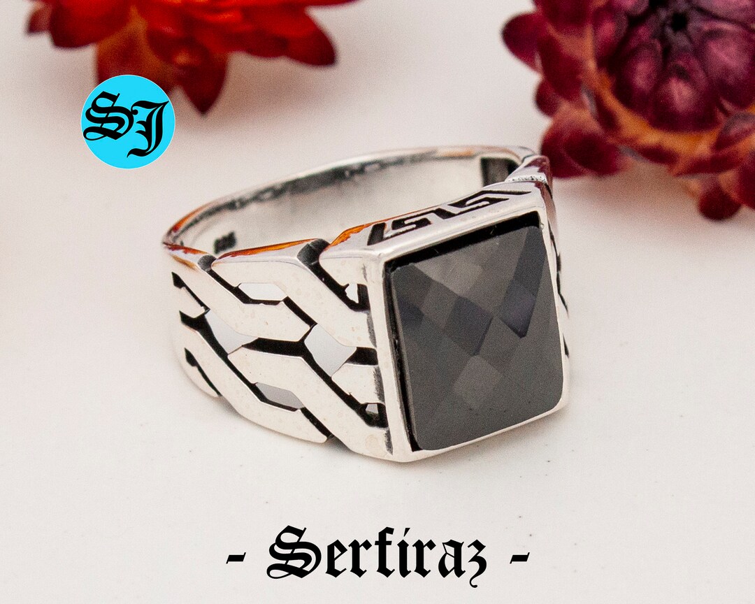 Men’s Sterling Silver Black Onyx Rectangle Ring – 14K Black Gold Plated (Size 8-12) SR94