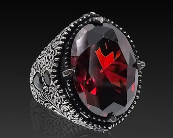 Handmade Sterling Silver Men's Ring: Oval Red Ruby Gemstone