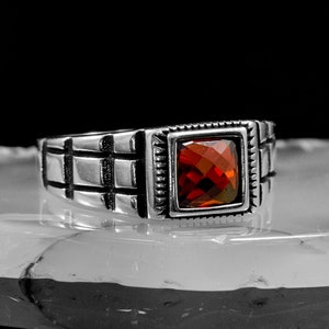 Sterling Silver Men's Ring: Red Square Signet with Synthetic Ruby