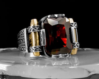 Anello in argento sterling con rubino fatto a mano: stile ottomano inciso