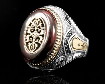 Sterling Silber Jugendstil-Herrenring: Roter Bernstein, Ottomaner Stil