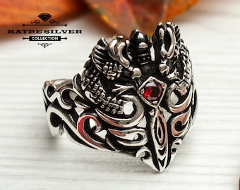 Celtic Dragonsword Ring: Sterling Silver Medieval Dragon Jewelry