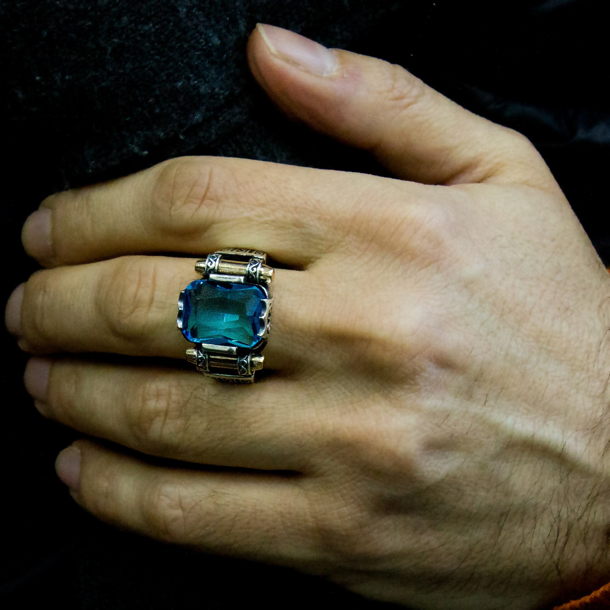 Rare Emerald Cut Deep Blue Topaz Mens Ring Sterling Silver Etsy