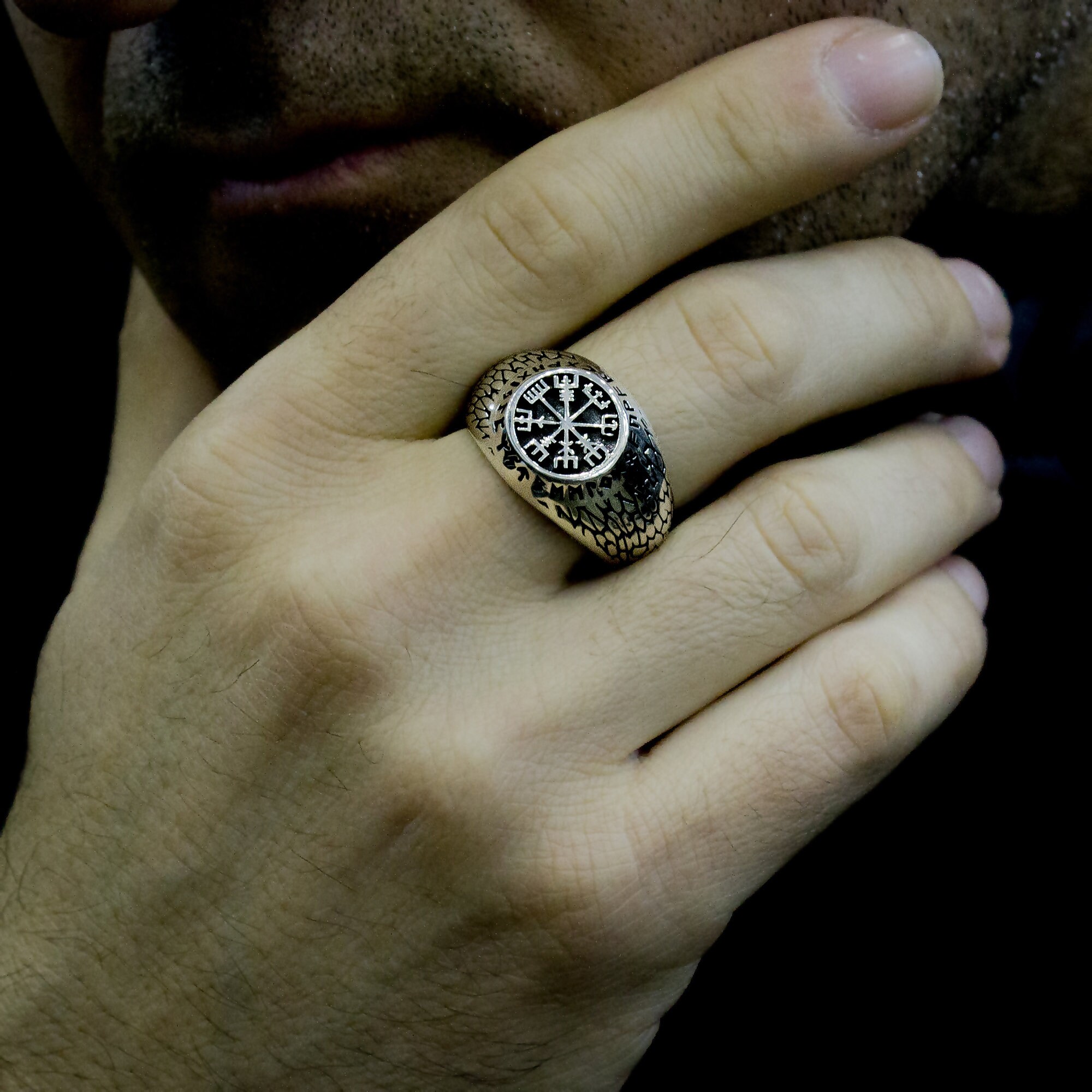 Round Viking Compass Vegvísir Ring With Runes for Men, Mens Viking Ring