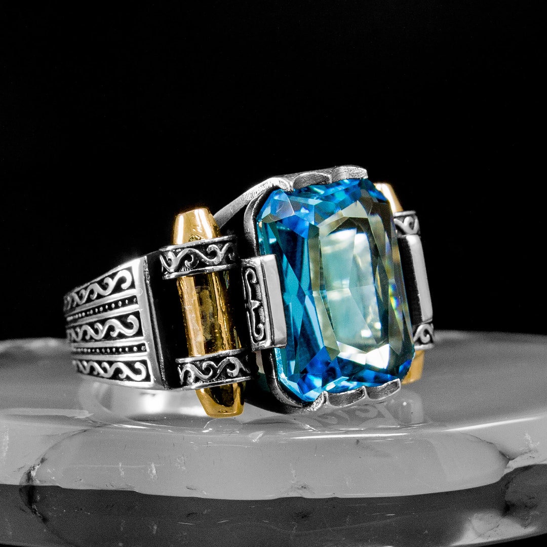 Emerald Cut Blue Topaz Mens Ring: Handmade Sterling Silver Art Deco - Etsy