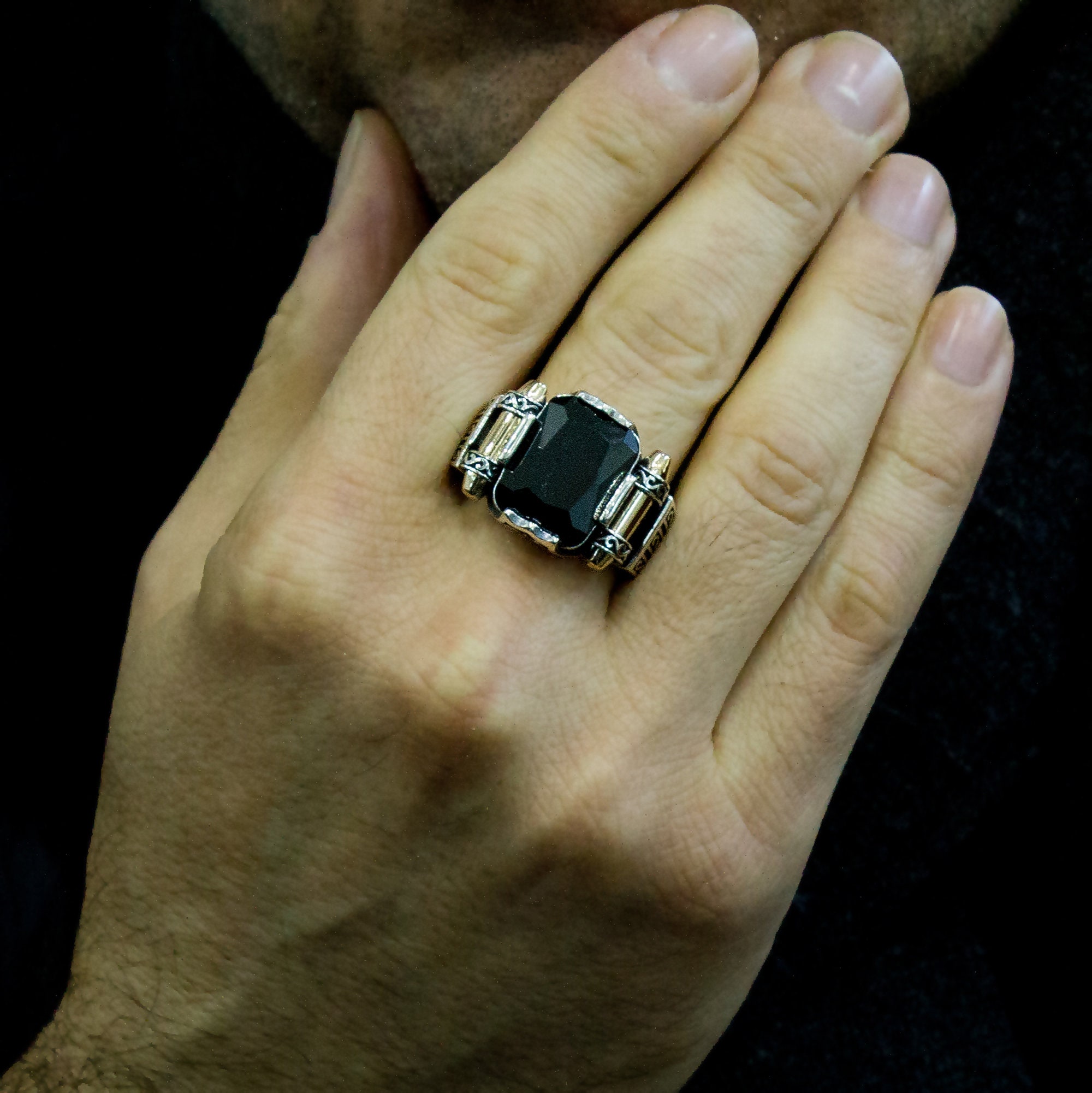 Men's Onyx Ring, Sterling Silver Onyx Ring, Emerald Cut Black Onxy Ring