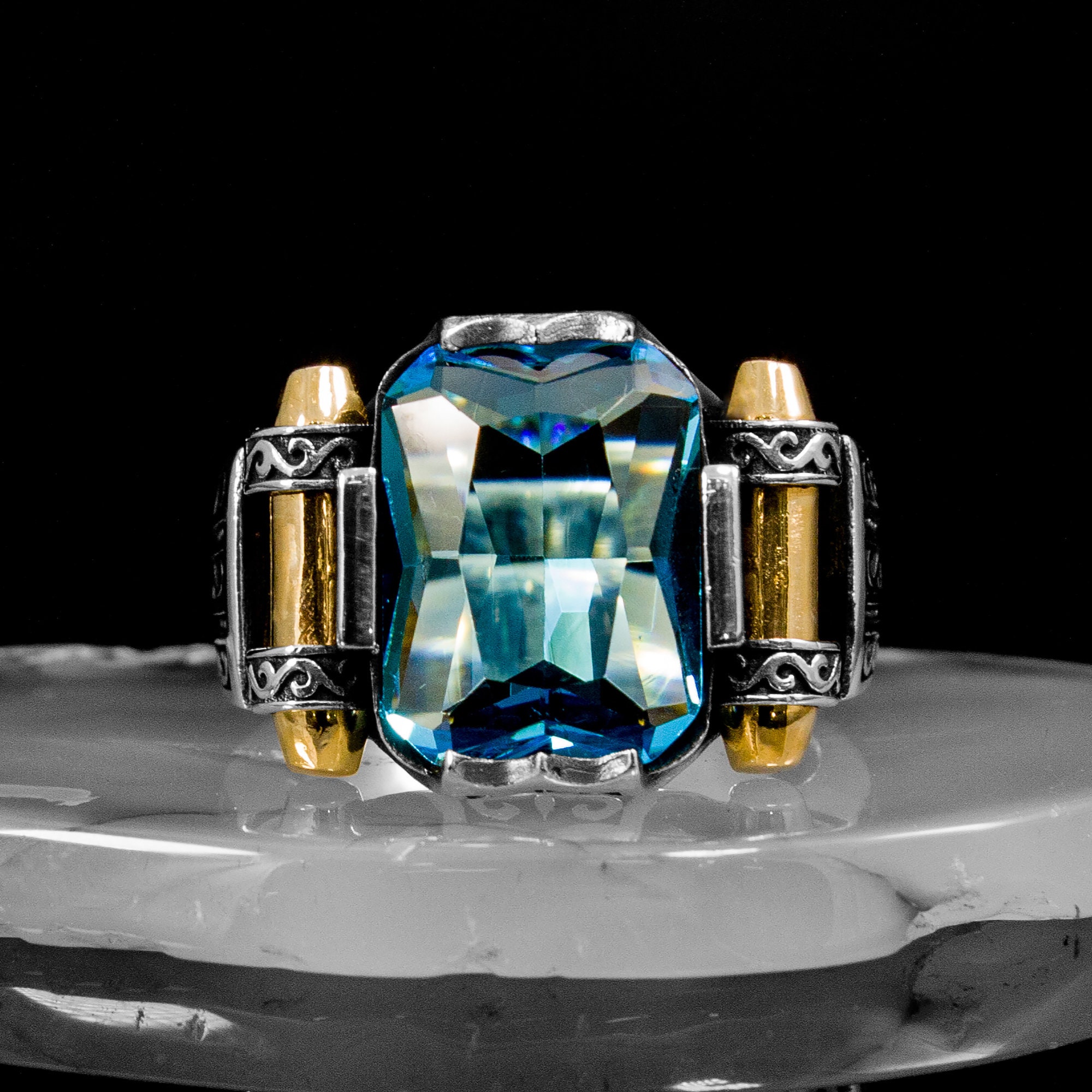 Emerald Cut Blue Topaz Mens Ring: Handmade Sterling Silver Art Deco - Etsy
