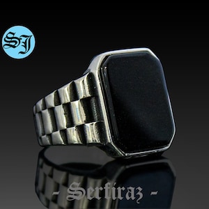 Anillo de banda Rolex de plata, joyería de hombres de ónix, anillo Rolex, cadena Rolex, anillo de ónix de plata, anillo de ónix negro, anillo para hombres, regalo para él