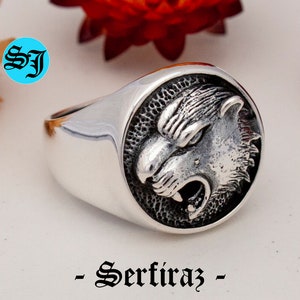 Handmade Black Panther Tiger Cat Animal Signet Silver Men&#39;s Ring | Unique Animal Jewelry | Perfect Gift for Him for Special Occasions