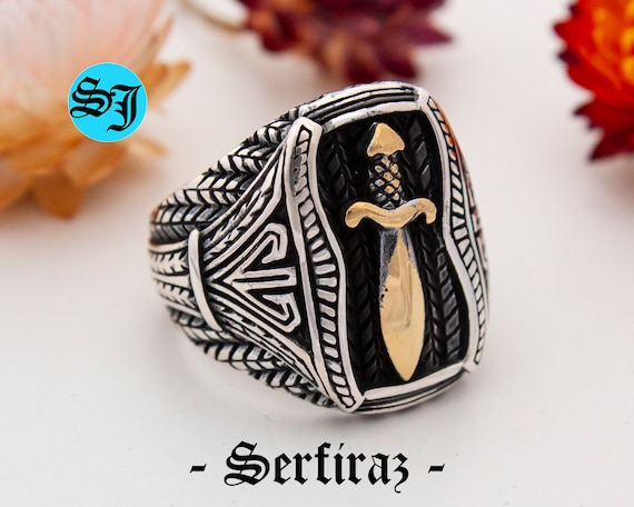 Handcrafted Turkish 925k Silver Men's Ring: Ottoman Knife Design