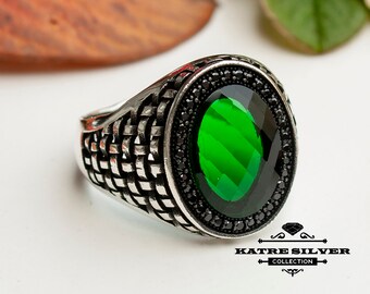 Handcrafted Green Stone Sterling Silver Ring - Turkish Design