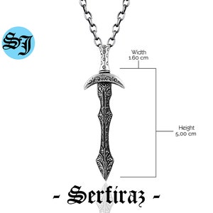 May include: Silver sword pendant necklace with intricate details. The pendant is 5.00 inches tall and 1.60 inches wide. -Serf&icirc;raz-