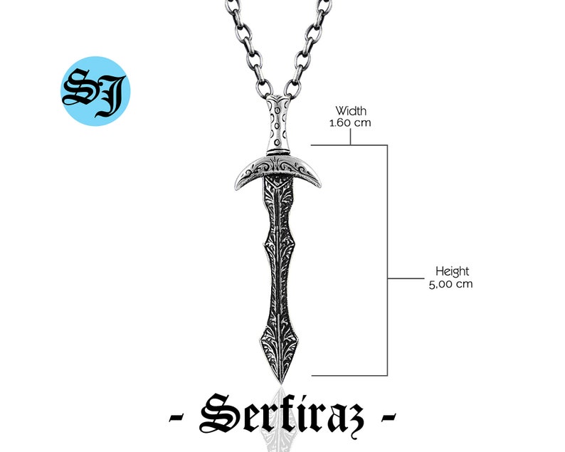 May include: Silver sword pendant necklace with intricate details. The pendant is 5.00 inches tall and 1.60 inches wide. -Serf&icirc;raz-