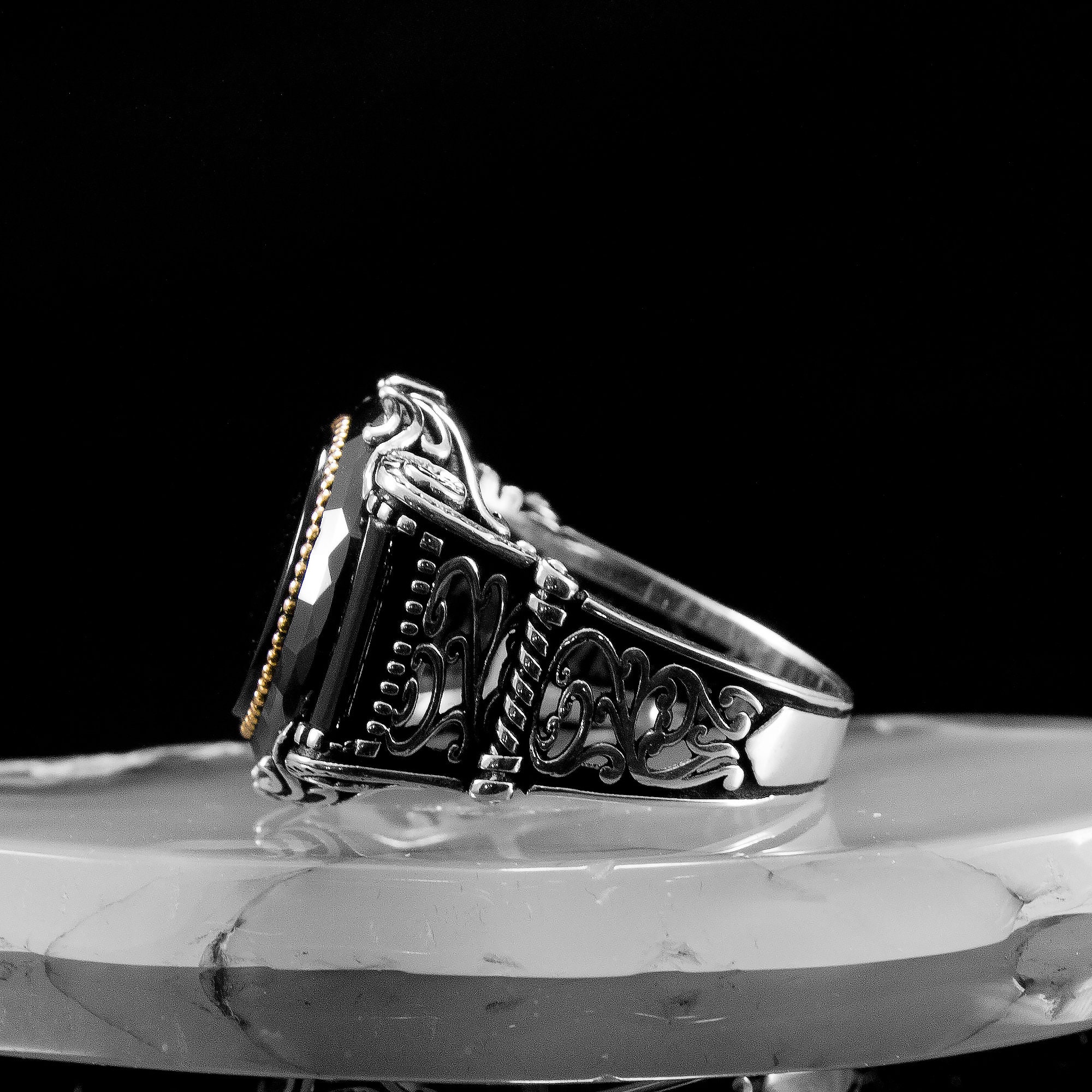 Vintage Mens Ring Black Onyx Sterling Silver Unique Artisan Solid