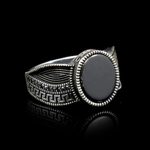 925 Sterling Silver Greek Key Pattern Rings for Men, Greek Key Ring, Silver Onyx Ring, Vintage Jewelry, Man Gemstone Ring, Gift For Men