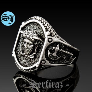 925k Antique Silver Medusa Men Ring Perfect Gift For Grandfather – Unique Female Figure Symbol Ancient Ring Available In Multiple Sizes