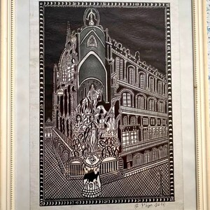 Quadro del Palau de la musica catalana realizzato con penna su carta originale