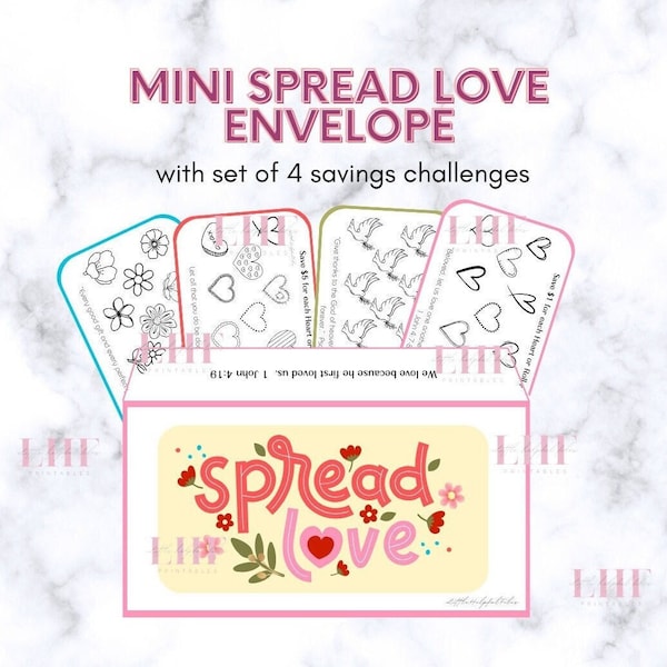 Spread Love Savings Challenge Bundle of 4 & Envelope | Tiny Giving Envelope | Love Savings Challenge | Mini Envelope Savings Challenge Gift