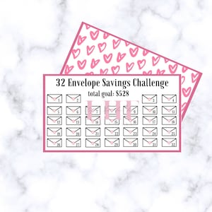 May include: A pink and white printable chart with 32 envelopes for a 32 Envelope Savings Challenge with a total goal of $528.