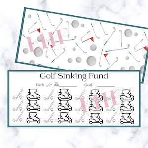 Op de afbeelding: Een zwart-witte printbare golf sinking fund tracker met een roze streep. De tracker heeft 12 golfkarretjes en 12 golfclubs met golfballen. De tekst "Golf Sinking Fund" staat bovenaan de tracker. De tekst "Each" en "Goal" staan bovenaan de tracker.