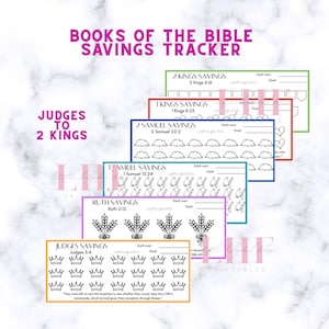 May include: A set of six rectangular savings trackers titled Books of the Bible Savings Tracker, featuring distinct colored borders and unique icons for Judges, Ruth, 1 Samuel, 2 Samuel, 1 Kings, and 2 Kings, with spaces for goal tracking.