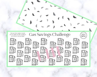 May include: A printable gas savings challenge game with a black and white design. The game features a grid of petrol pumps with numbers inside each pump. The text "Gas Savings Challenge" is at the top of the grid. The text "Save £150" is in a circle at the top right corner of the grid.