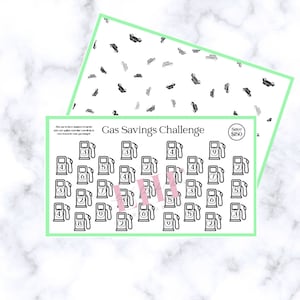 May include: A printable gas savings challenge game with a black and white design. The game features 36 gas pumps with numbers 2, 3, 4, 5, 6, 7, 8, and 9 inside each pump. The text "Gas Savings Challenge" is at the top of the page. The text "Save $150" is in a circle at the top right corner of the page.