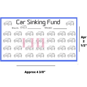 Op de afbeelding: Zwart-witte printbare auto spaarplan tracker. De tracker heeft 36 auto-iconen in een raster. De tracker is 4 3/8 inch breed. De tekst "Car Sinking Fund" staat bovenaan de tracker. De tekst "Each" en "Goal" staan onder de titel. De tekst "Apr 2 1/2" staat aan de rechterkant van de tracker.