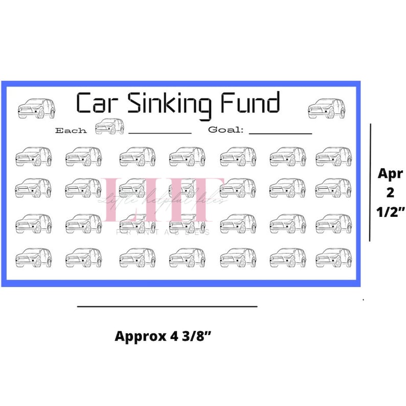 Op de afbeelding: Zwart-witte printbare auto spaarplan tracker. De tracker heeft 36 auto-iconen in een raster. De tracker is 4 3/8 inch breed. De tekst "Car Sinking Fund" staat bovenaan de tracker. De tekst "Each" en "Goal" staan onder de titel. De tekst "Apr 2 1/2" staat aan de rechterkant van de tracker.